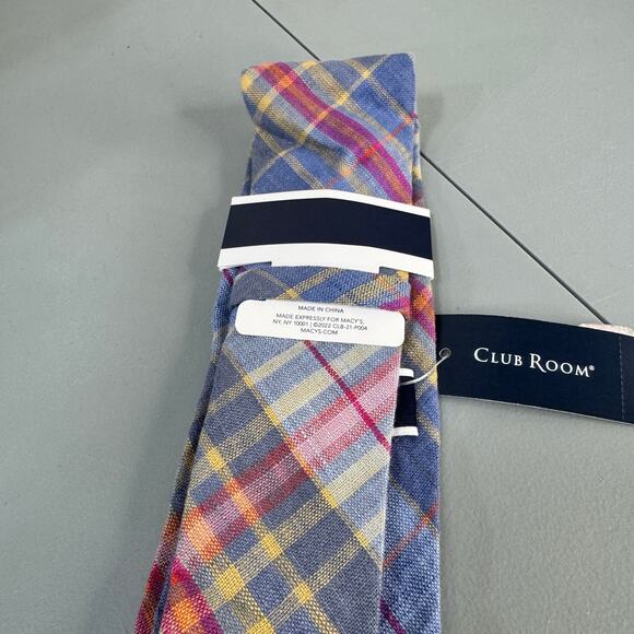 Club Room Mens Necktie Webster Plaid Blue  Office Professional 100% Linen  New - Picture 6 of 9
